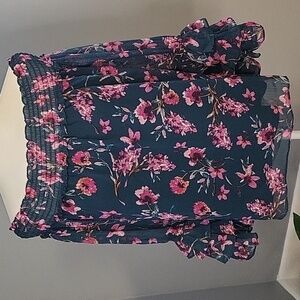 CeCe Floral On or Off The Shoulder Lined Sheer Sleeve Teal Pink Floral Top Sz S